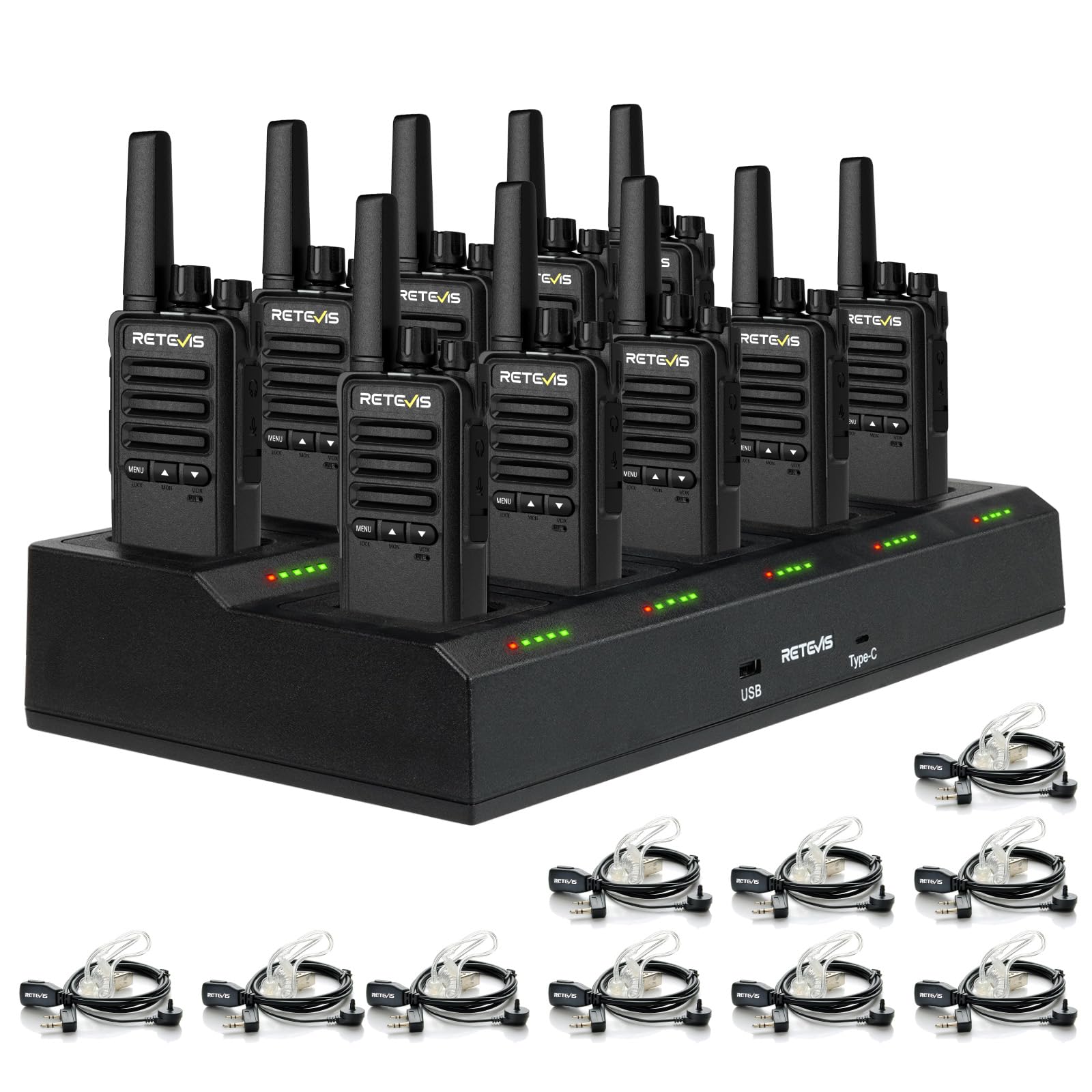 Retevis RT668B - Walkie Talkie PMR446 Ricaricabili (10 Pezzi), Nero