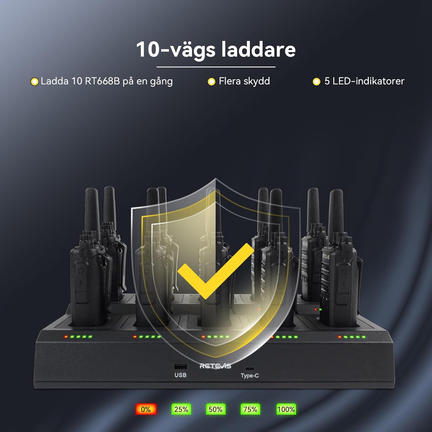 Retevis RT668B - Walkie Talkie PMR446 Ricaricabili (10 Pezzi), Nero - immagine 3