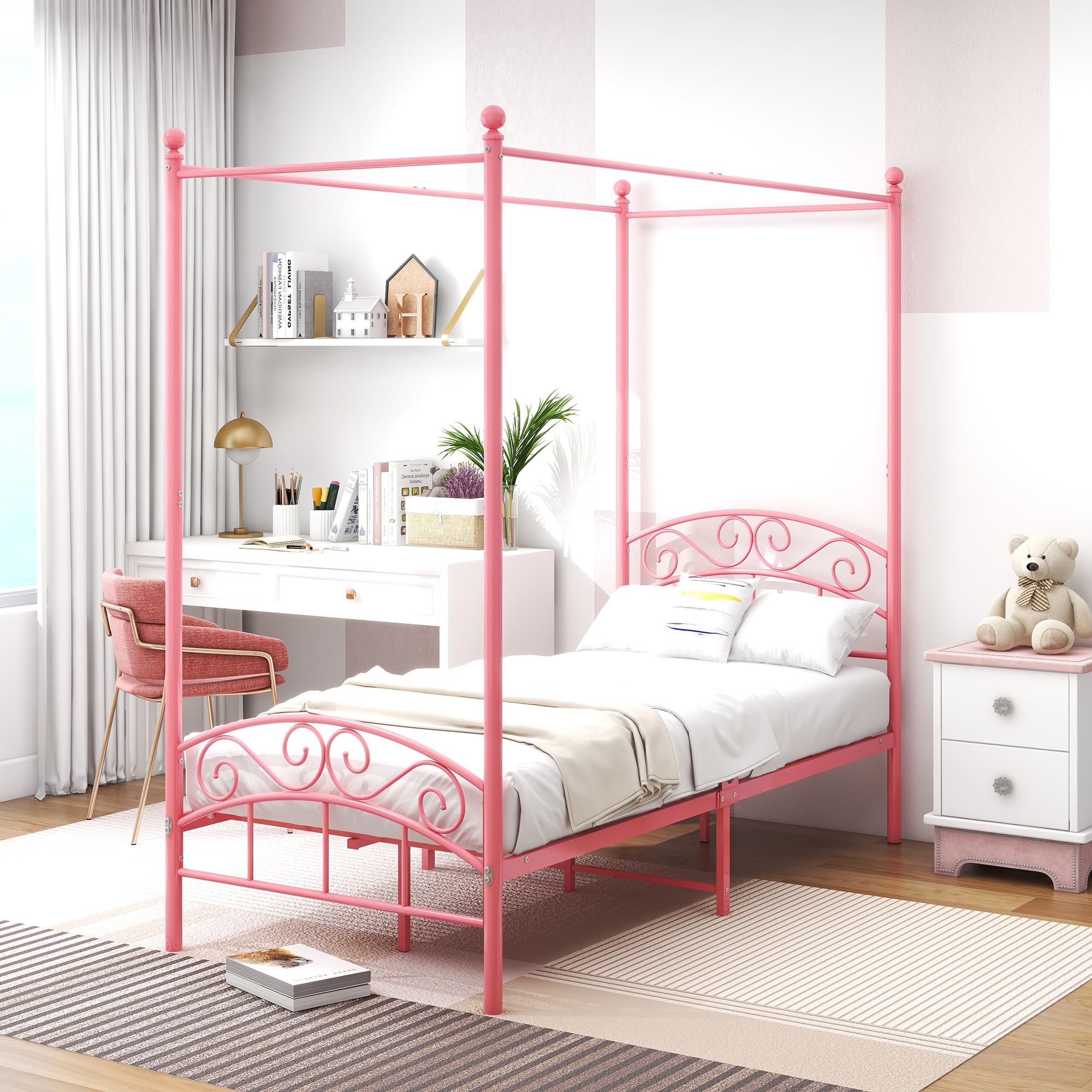 Letto a Baldacchino Matrimoniale in Metallo, Rosa