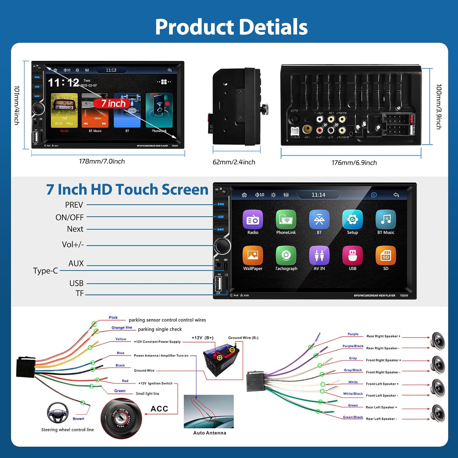 Autoradio Motorsi Wireless CarPlay Bluetooth 5.2 2 DIN - immagine 8