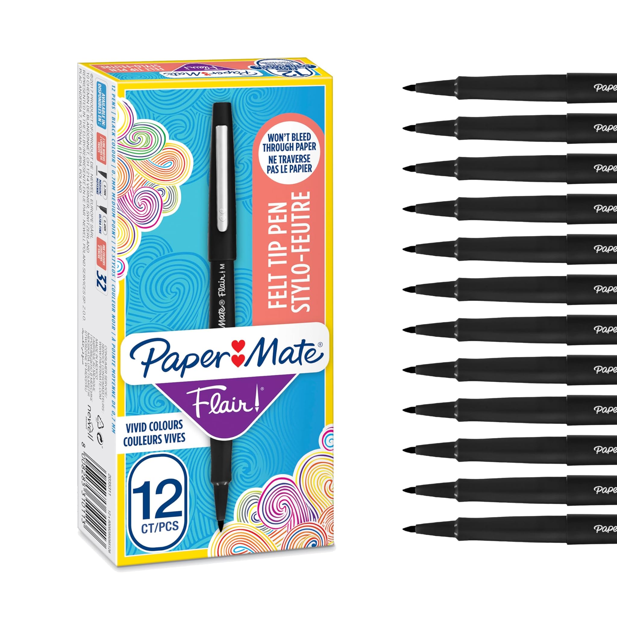 Paper Mate Flair Pennarelli Punta Media 0.7mm, Nero (12 pz)