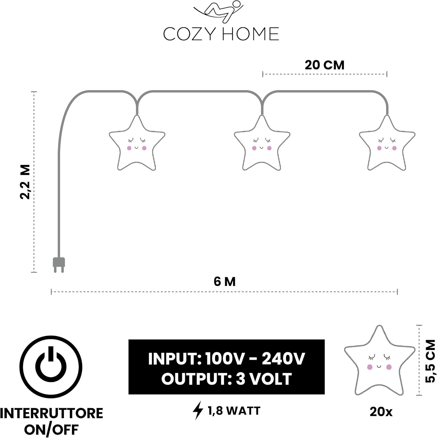 CozyHome Lucine LED Decorative Stella 6 Metri 20 LED - immagine 4