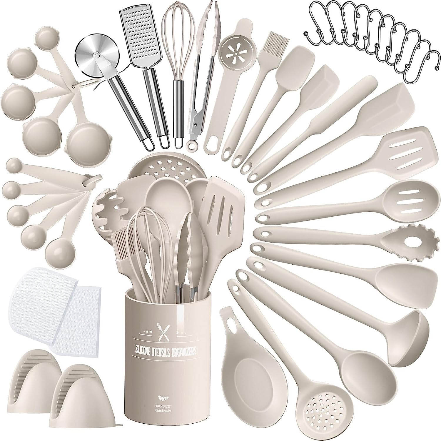 Set Utensili da Cucina 43 Pezzi in Silicone, Kaki
