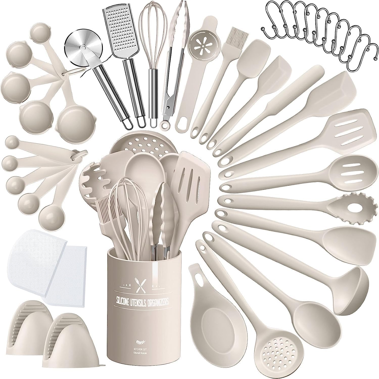 Set Utensili da Cucina 43 Pezzi in Silicone, Kaki - immagine 1