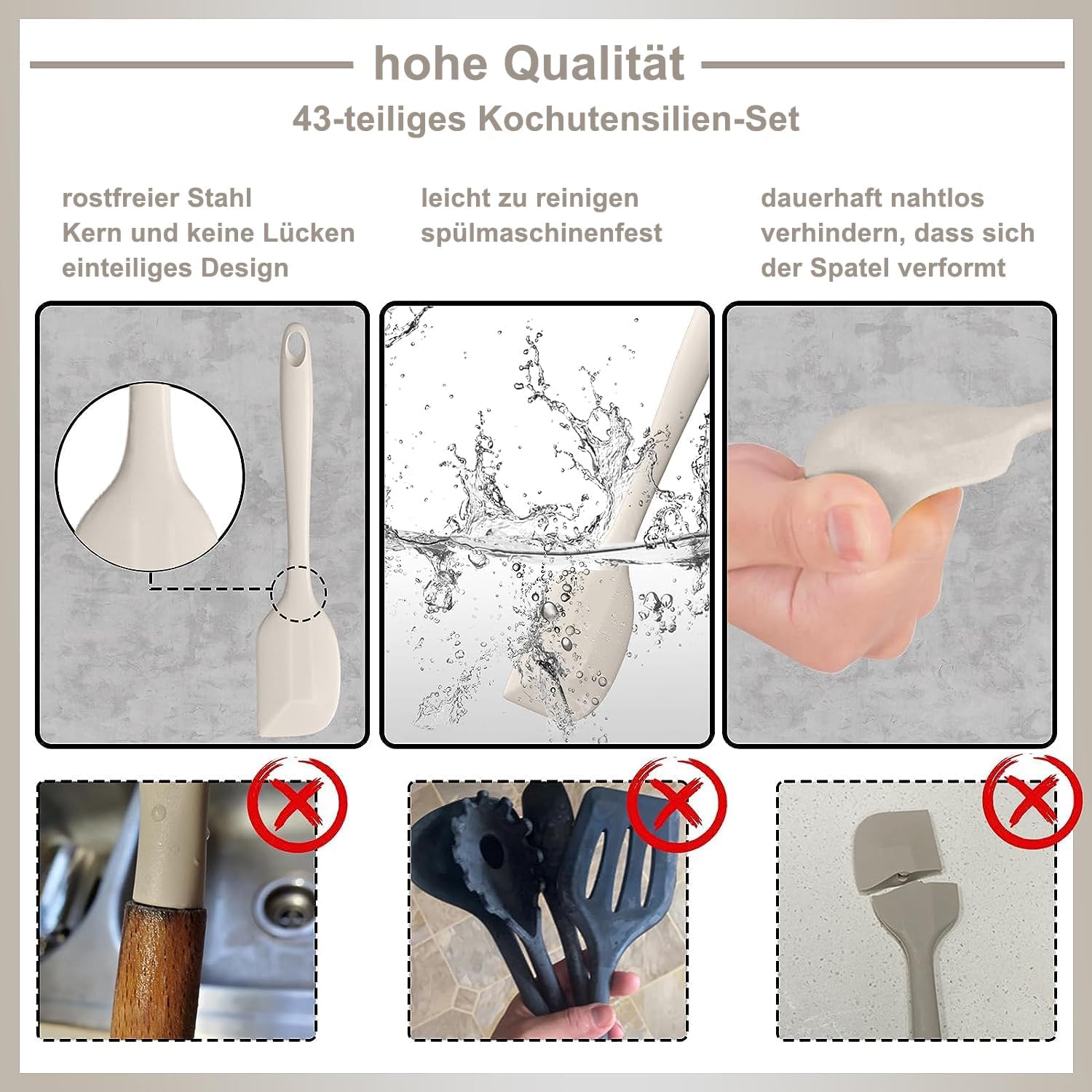 Set Utensili da Cucina 43 Pezzi in Silicone, Kaki - immagine 3