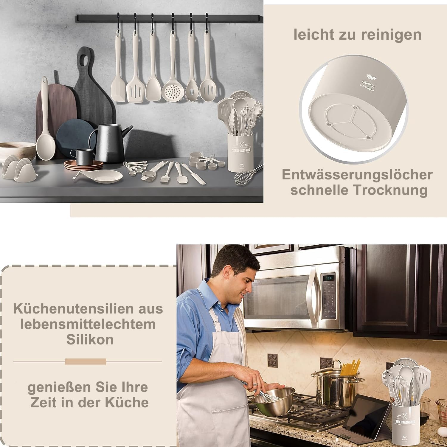 Set Utensili da Cucina 43 Pezzi in Silicone, Kaki - immagine 4