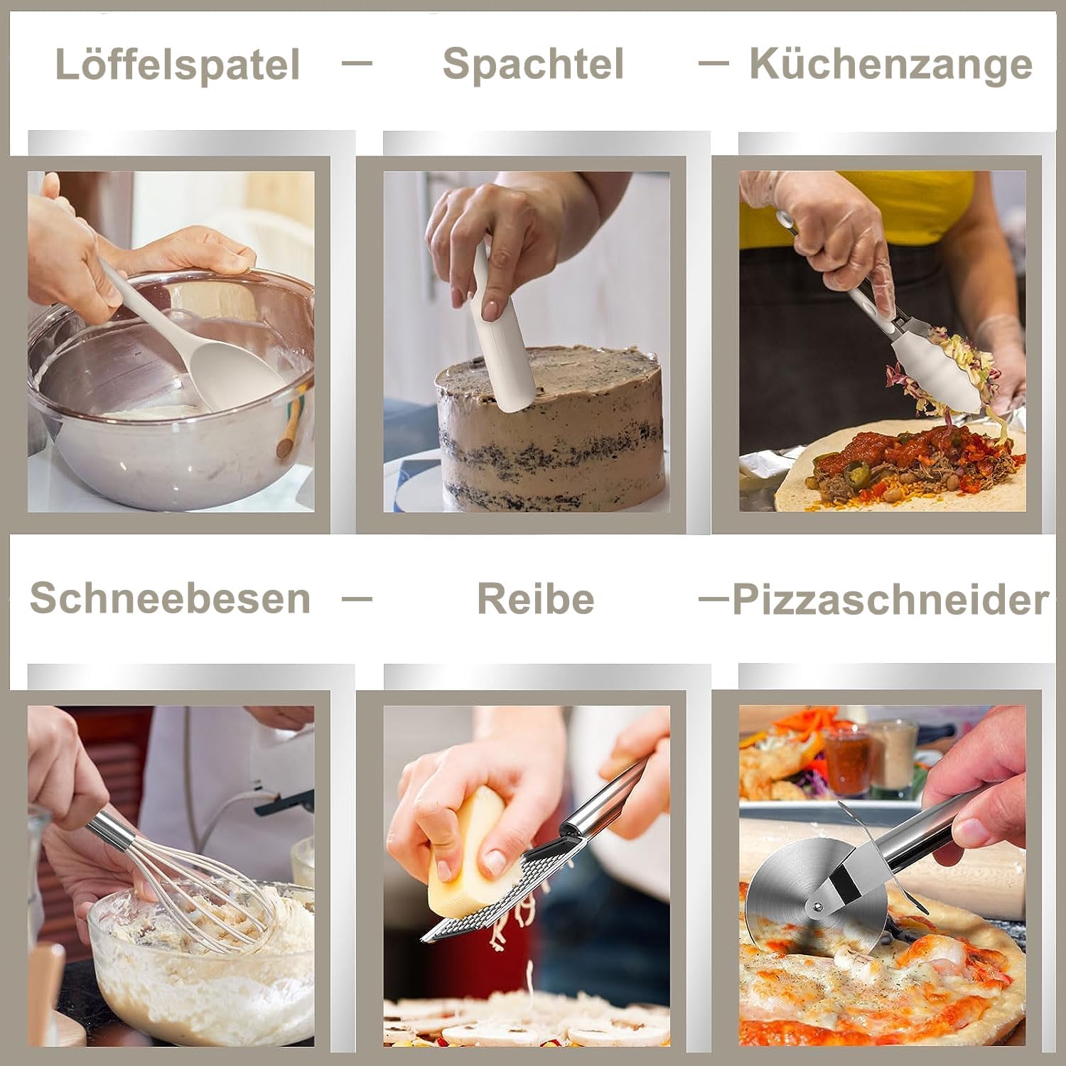 Set Utensili da Cucina 43 Pezzi in Silicone, Kaki - immagine 5