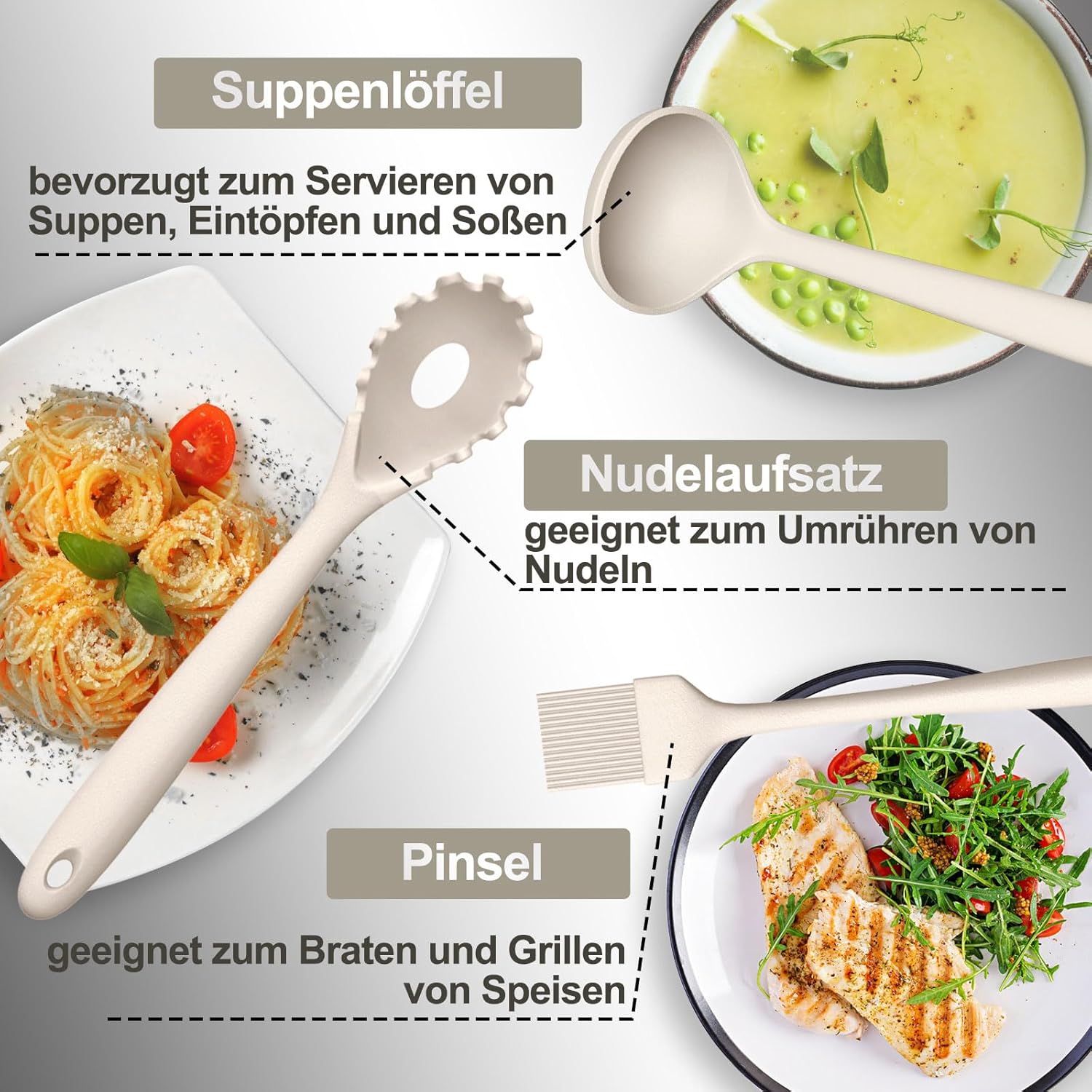 Set Utensili da Cucina 43 Pezzi in Silicone, Kaki - immagine 6