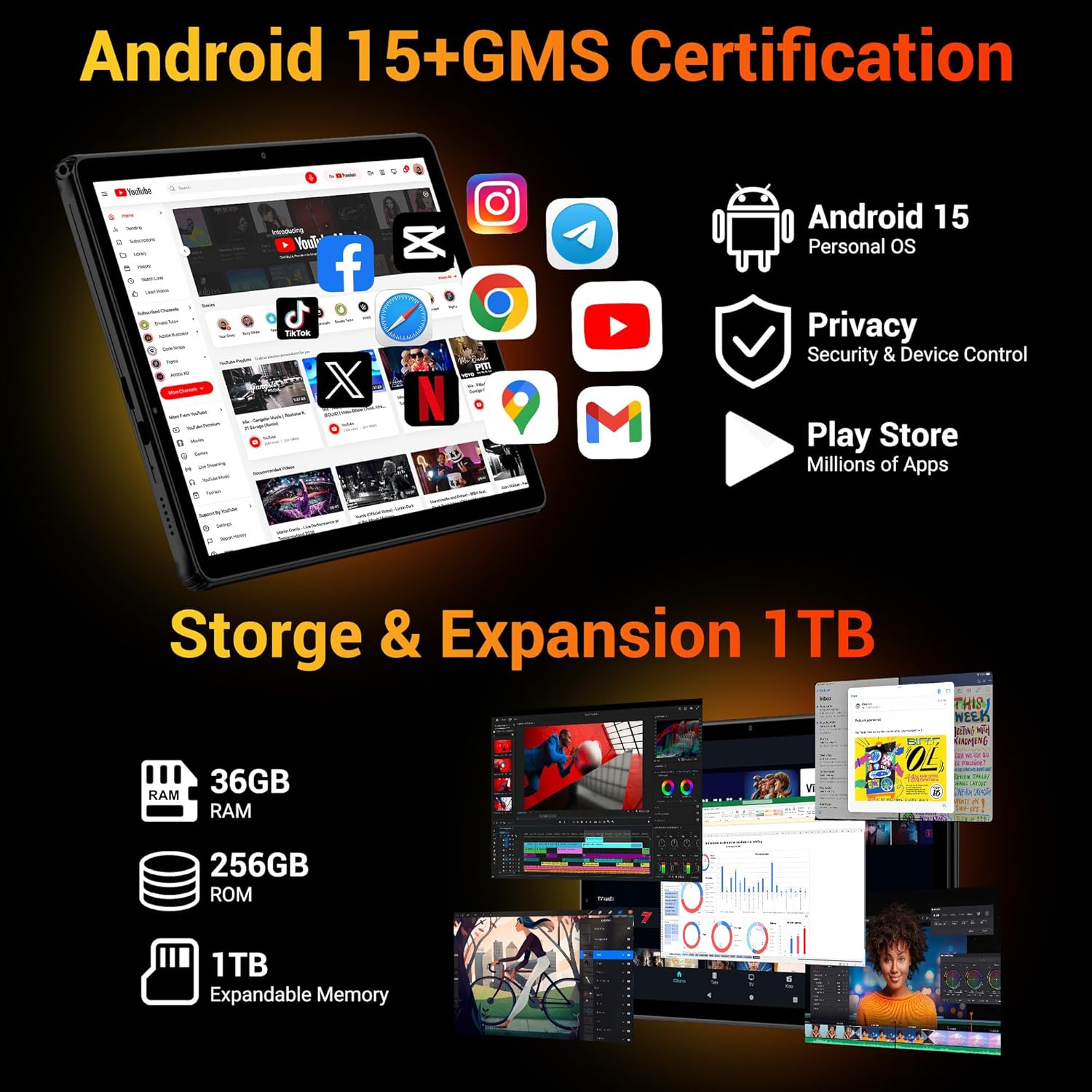 Tablet 11 Pollici Android 15 Octa-Core 2K, Gris - immagine 3