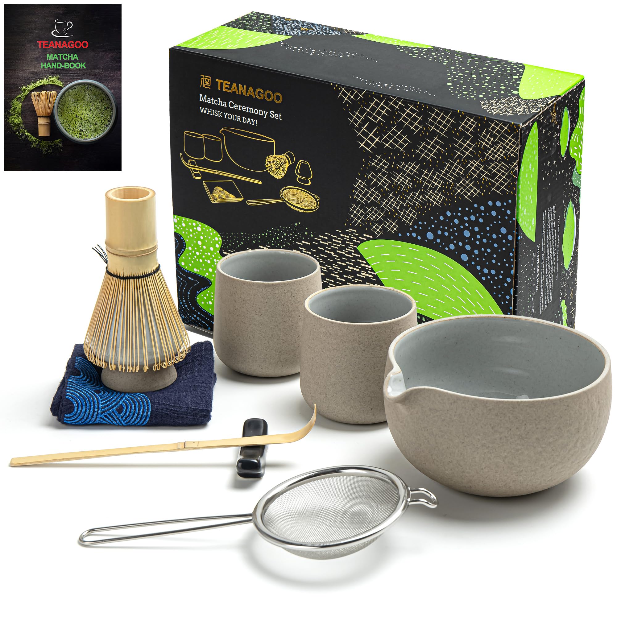 Teanagoo Matcha Whisk Set 7 Pezzi + 2 Tazze, Grigio Scuro