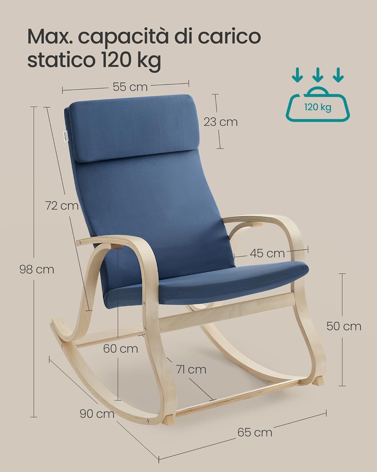 Songmics Sedia a Dondolo Poltrona Oscillante, Blu Notte - immagine 3
