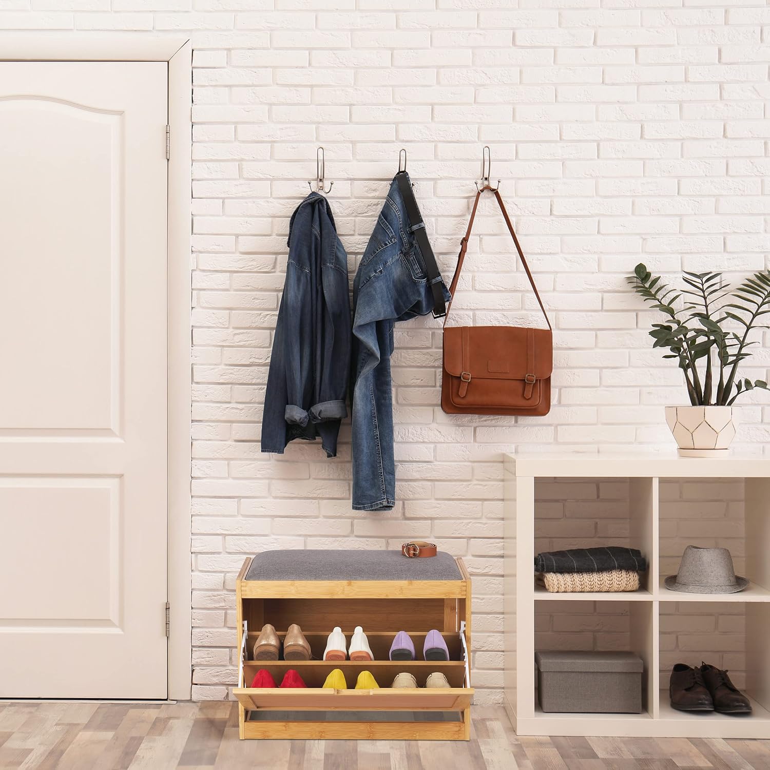 Relaxdays Panca con Scarpiera in Bambù, NaturaleGrigio - immagine 2