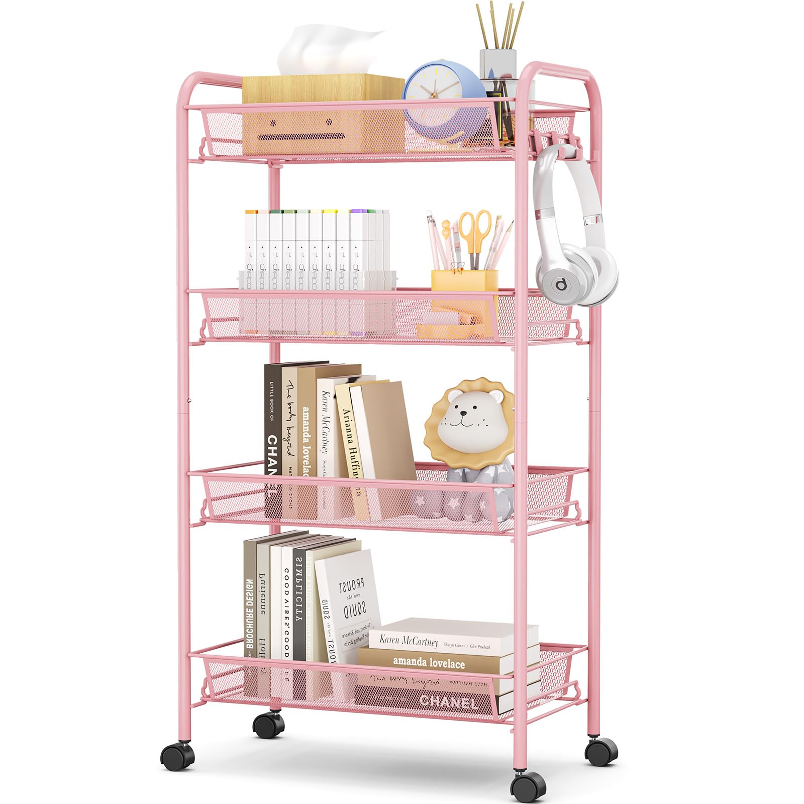 Carrello Multifunzione Portatile a 4 Ripiani, Rosa