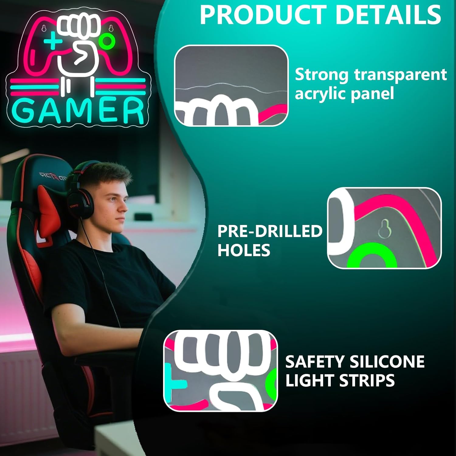 GAMER Insegna Luminosa Neon LED Gamepad Personalizzabile - immagine 2