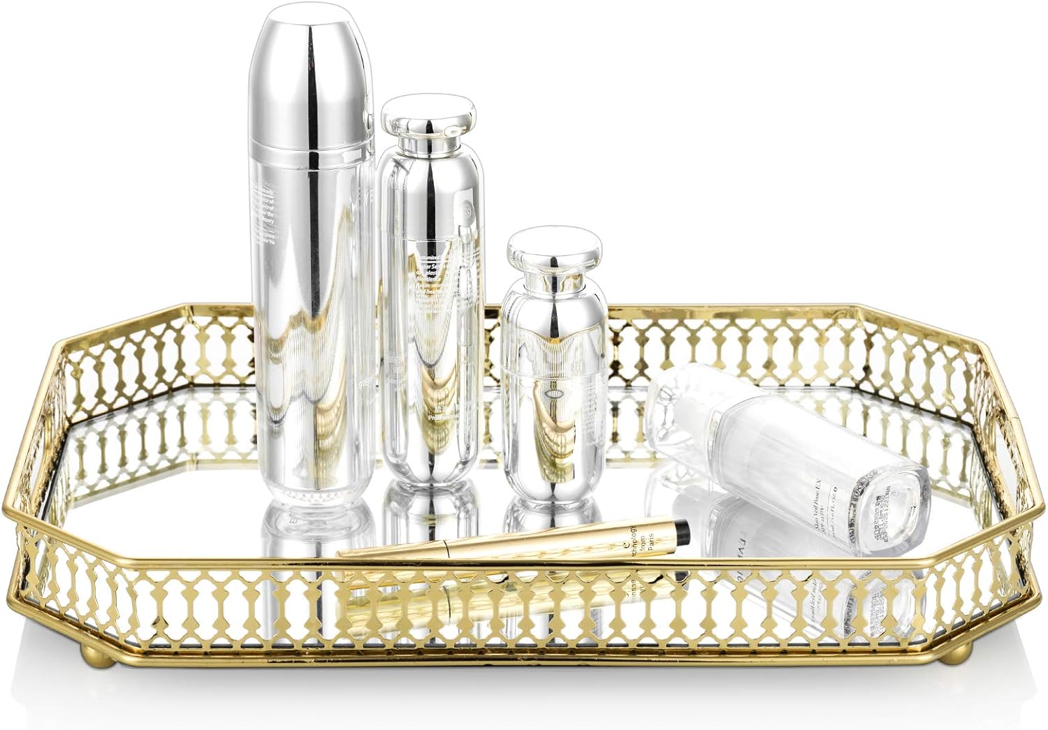 Vassoio Decorativo Ornato con Specchio in Metallo, Oro