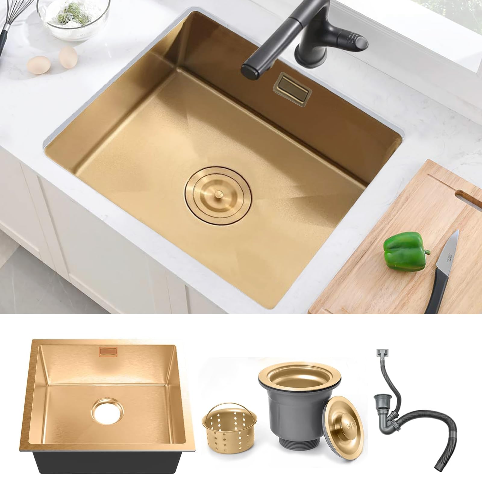 Boomhoze Lavello Cucina Acciaio Inox 50x45cm, Oro