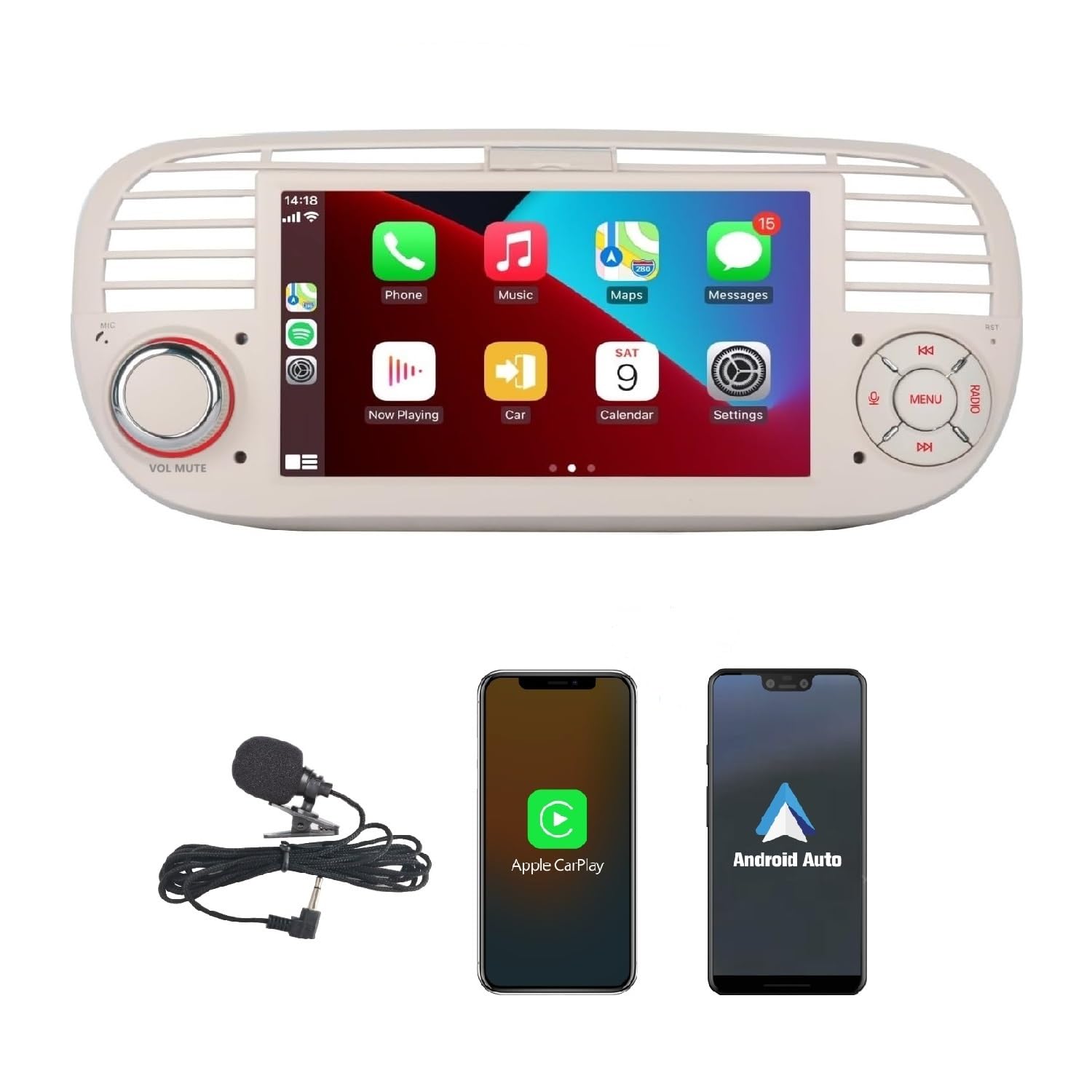 Autoradio per Fiat 500 2007-2015 Wireless Carplay, Bianco