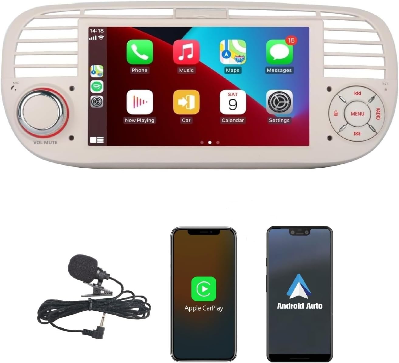 Autoradio per Fiat 500 2007-2015 Wireless Carplay, Bianco - immagine 1