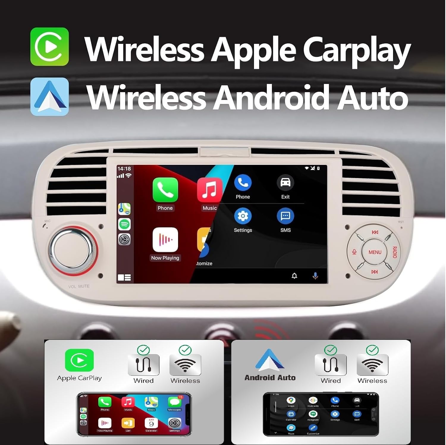 Autoradio per Fiat 500 2007-2015 Wireless Carplay, Bianco - immagine 2