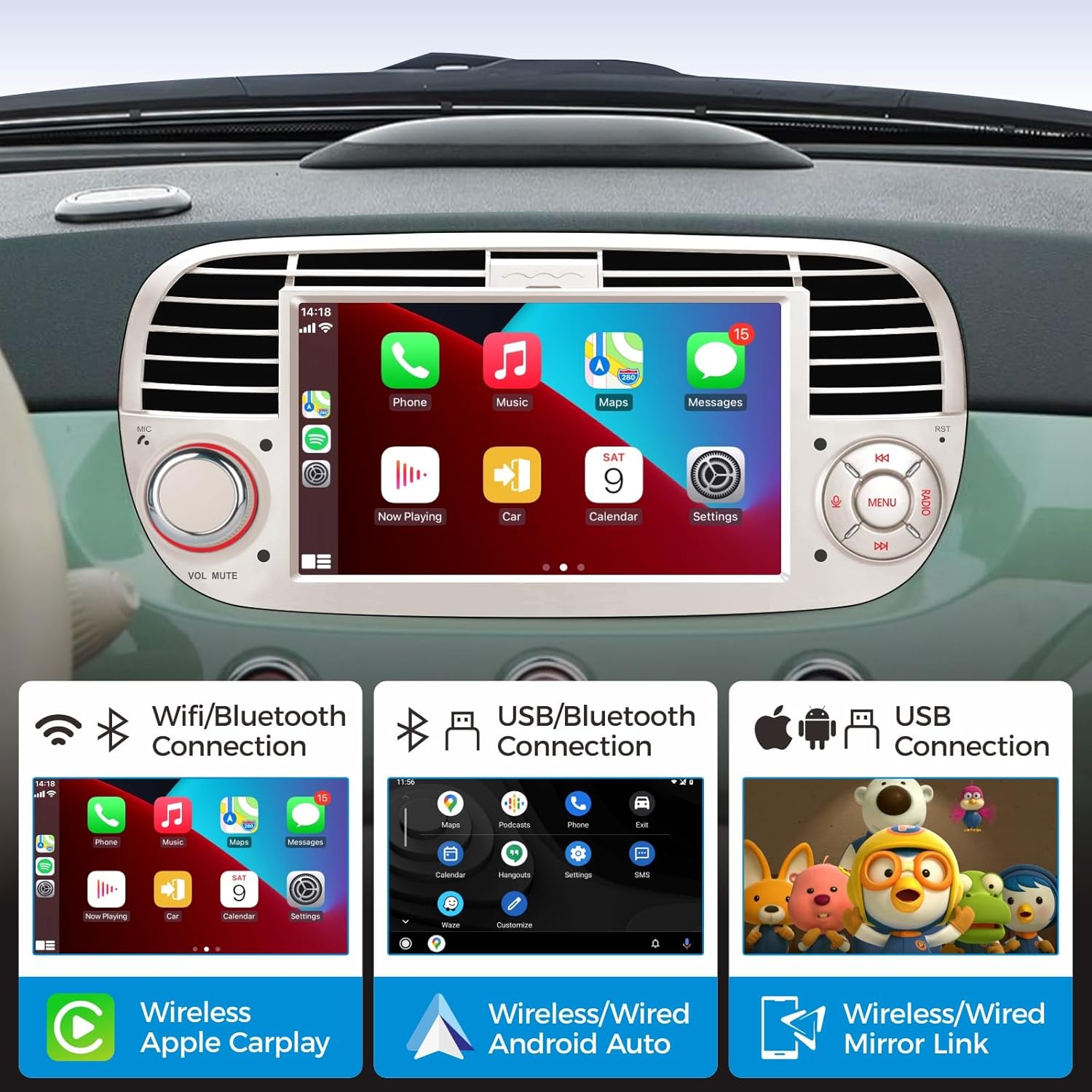Autoradio per Fiat 500 2007-2015 Wireless Carplay, Bianco - immagine 3
