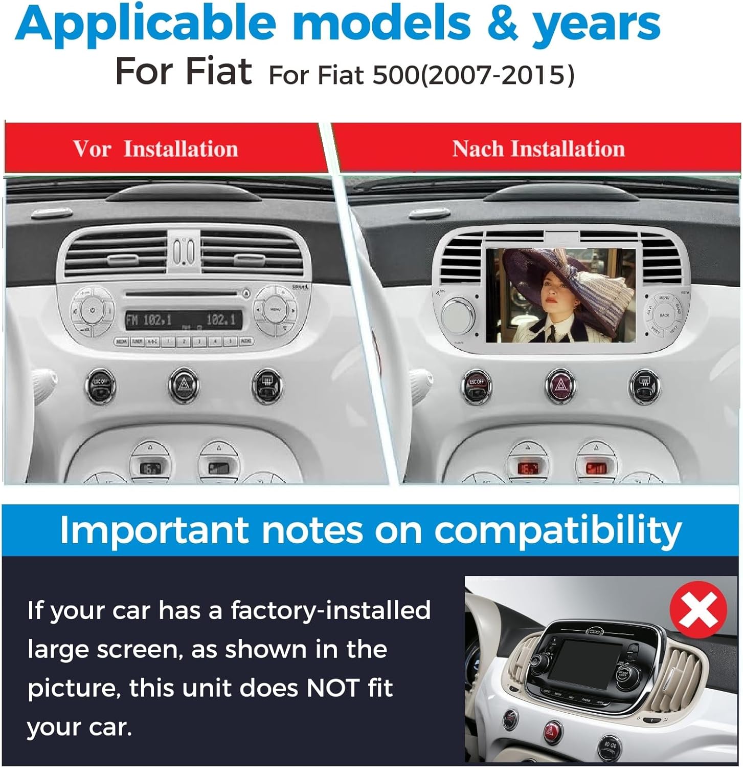 Autoradio per Fiat 500 2007-2015 Wireless Carplay, Bianco - immagine 7