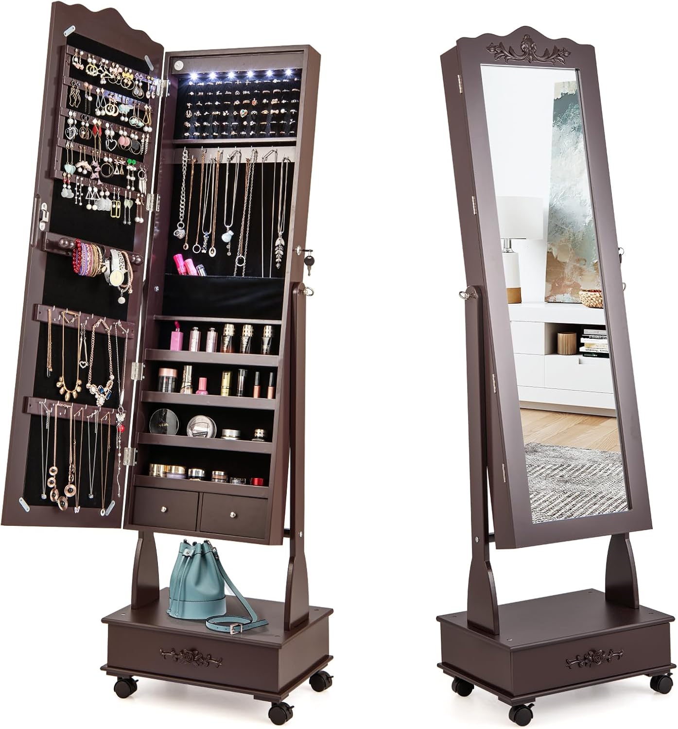 Costway Armadietto Portagioie con Specchio e LED