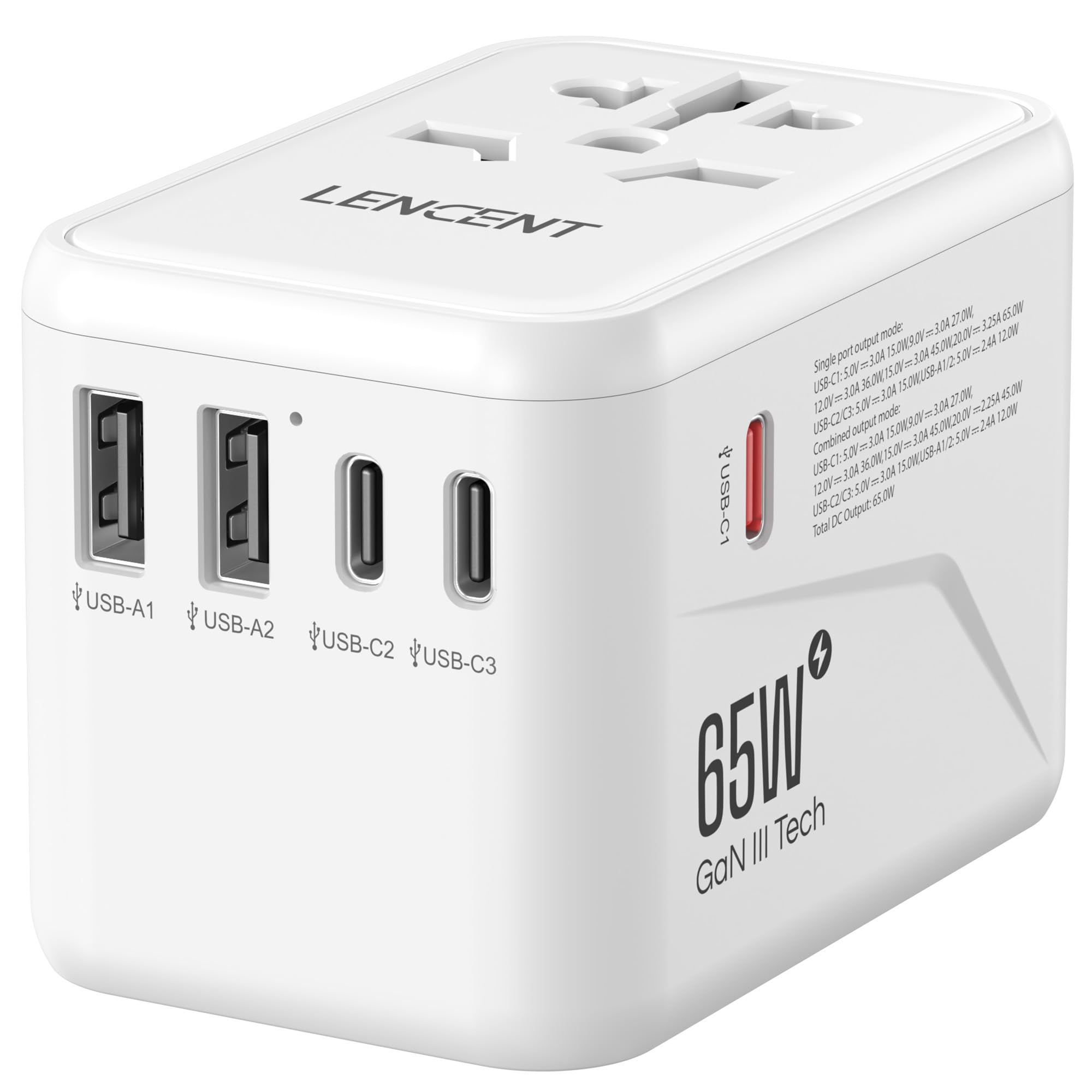 Lencent Adattatore Universale da Viaggio GaN III 65W, Bianco