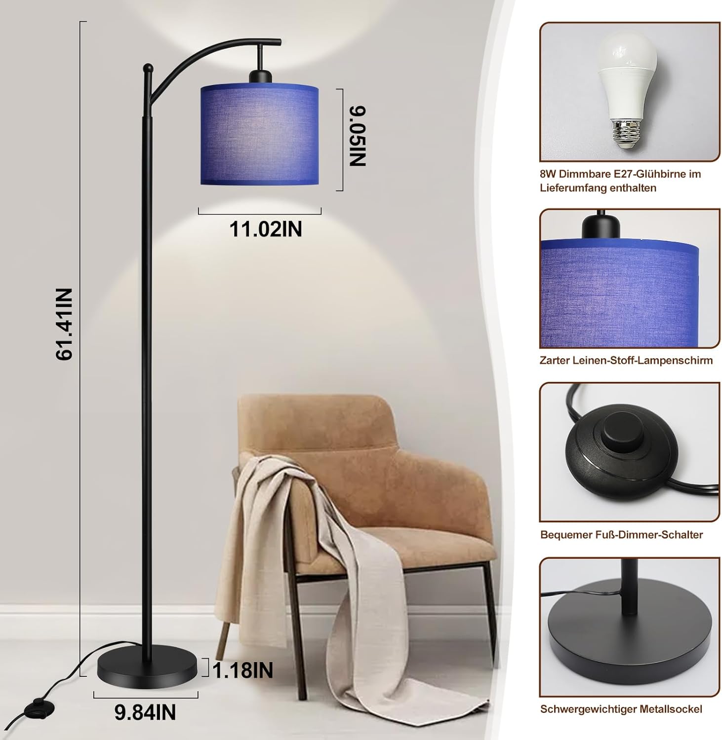 Depuley Lampada da Terra Moderna ad Arco E27, Blu - immagine 6