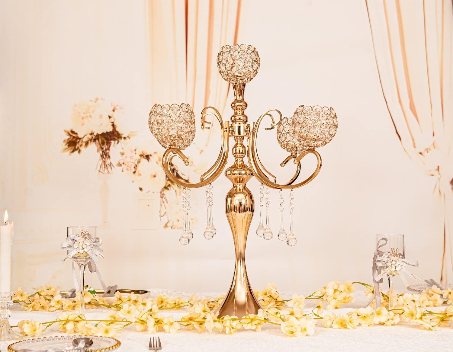 Portacandele a 5 Bracci in Cristallo Oro 65cm - immagine 2