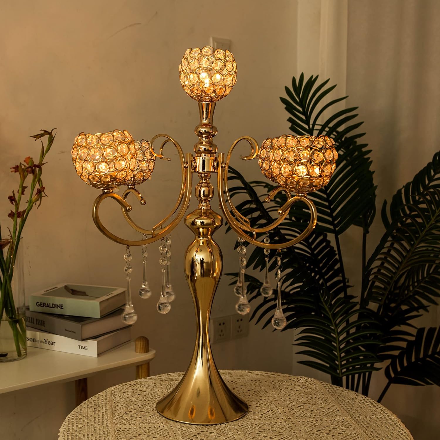 Portacandele a 5 Bracci in Cristallo Oro 65cm - immagine 3