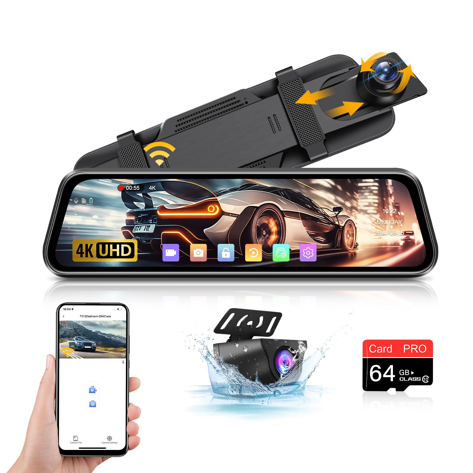 Dash Cam Specchietto 4K WiFi 10'' IPS Touch