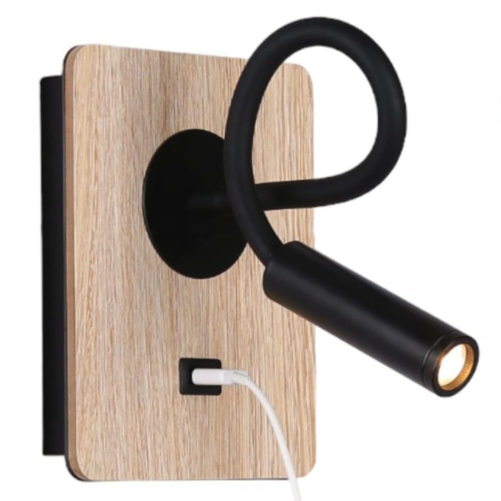 B·LED BARCELONA LED Applique da parete in legno con interruttore e faretto nero flessibile, luce bianca calda, porta di ricarica USB per lettura, comodino, hotel