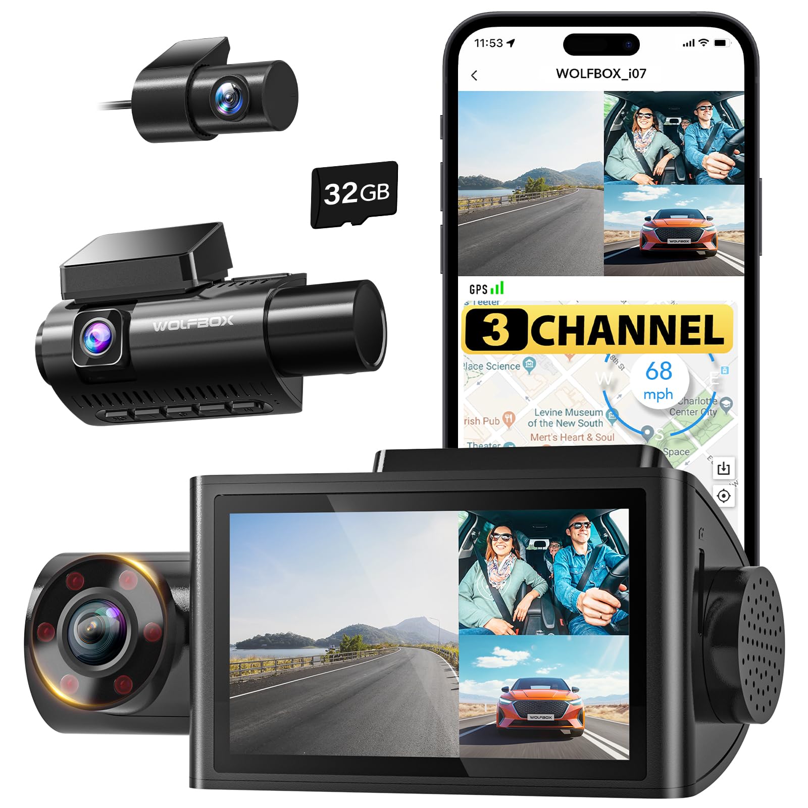 Wolfbox I07 Dash Cam Auto 3 Lenti, Wi-Fi, GPS, 3" LCD