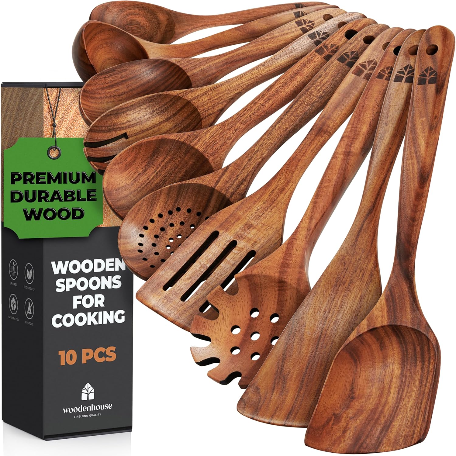 WOODENHOUSE LIFELONG QUALITY Set Utensili Cucina Legno, Mestolo Cucchiaio Legno, Attrezzi Cucina Legno Robusti Leggeri, Pentole e Padelle Antiaderenti, Fatti a Mano, Antigraffio, 10 pezzi