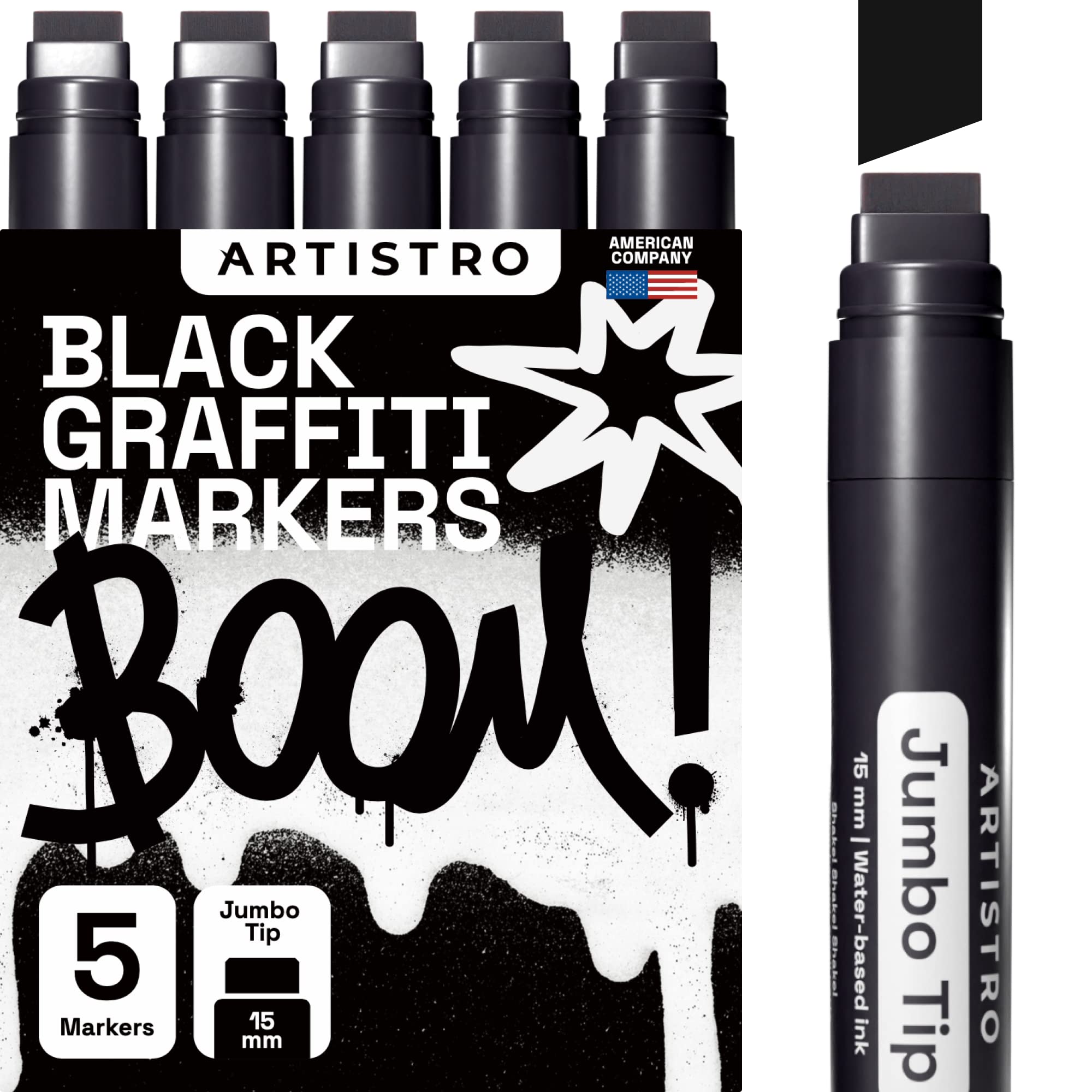 Artistro Jumbo Marker, Pennarelli Neri Punta Grossa Jumbo in Feltro da 15 mm, Marker Jumbo con Inchiostro Acrilico Nero per Pittura su Roccia, Pietra, Ceramica, Vetro, Legno, Tela in Cf. da 5