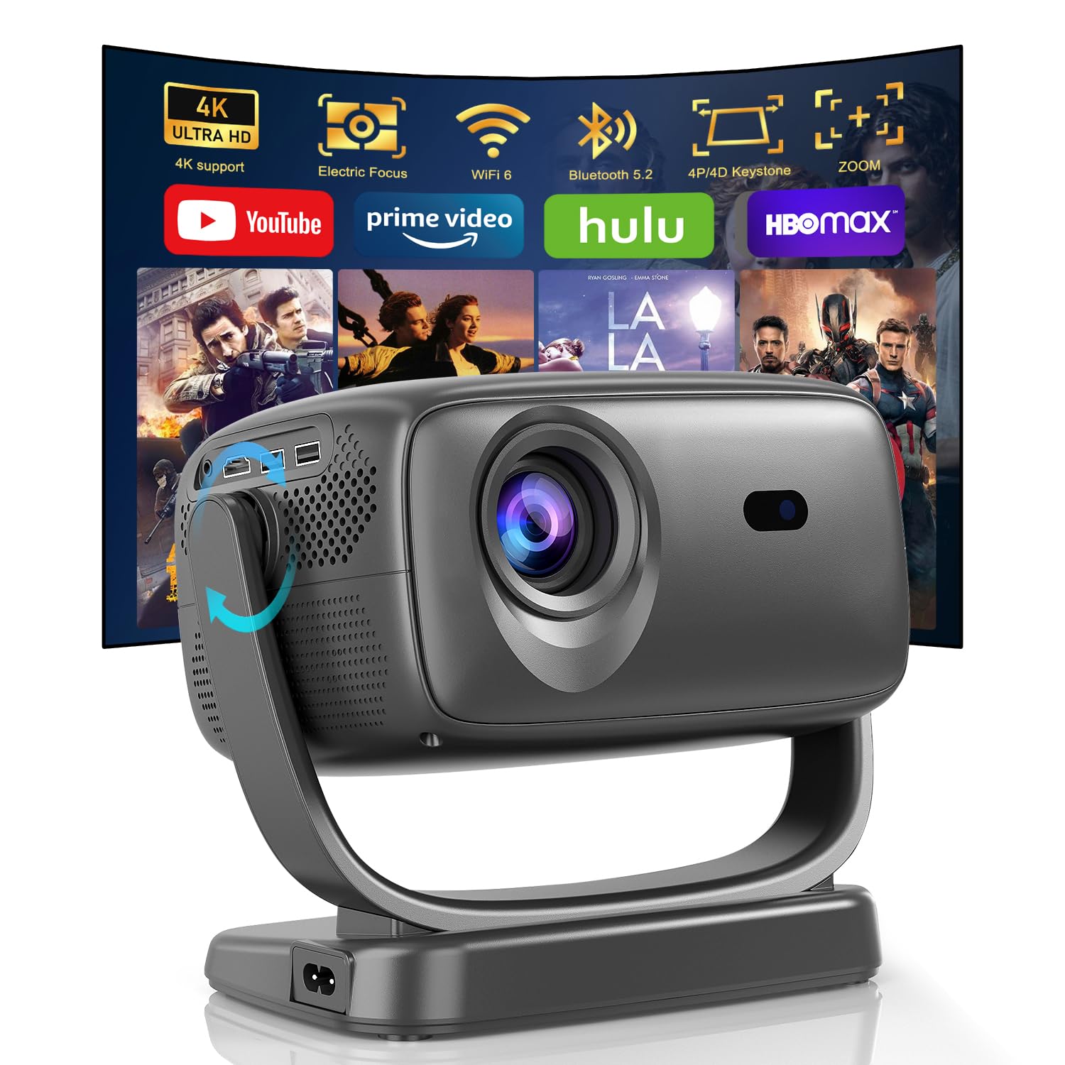 Proiettore Portatile 4K con Supporto Girevole 180°