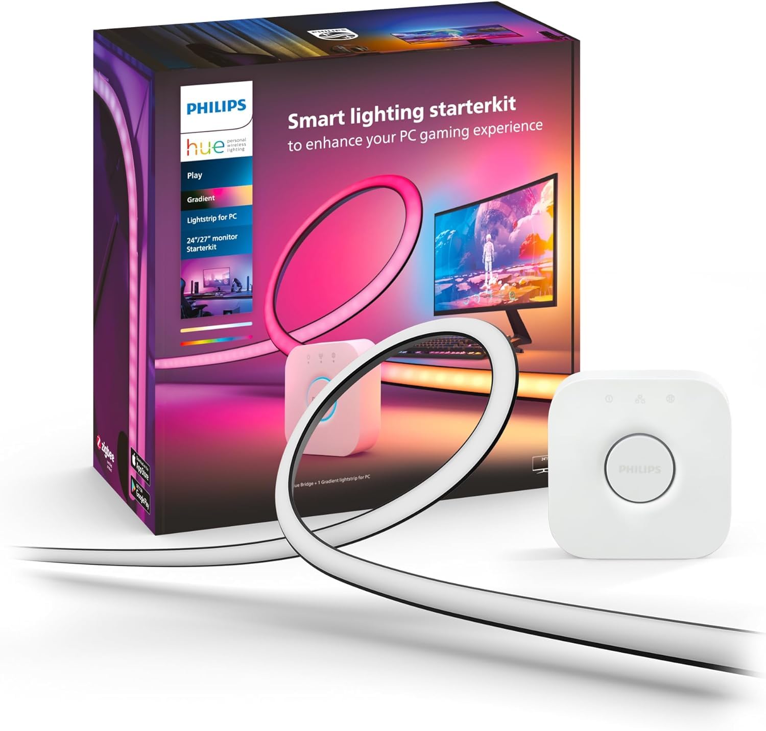 Philips Hue Play, Lightstrip Gradiend per Pc, 24-27", Hue Bridge Incluso, 18W
