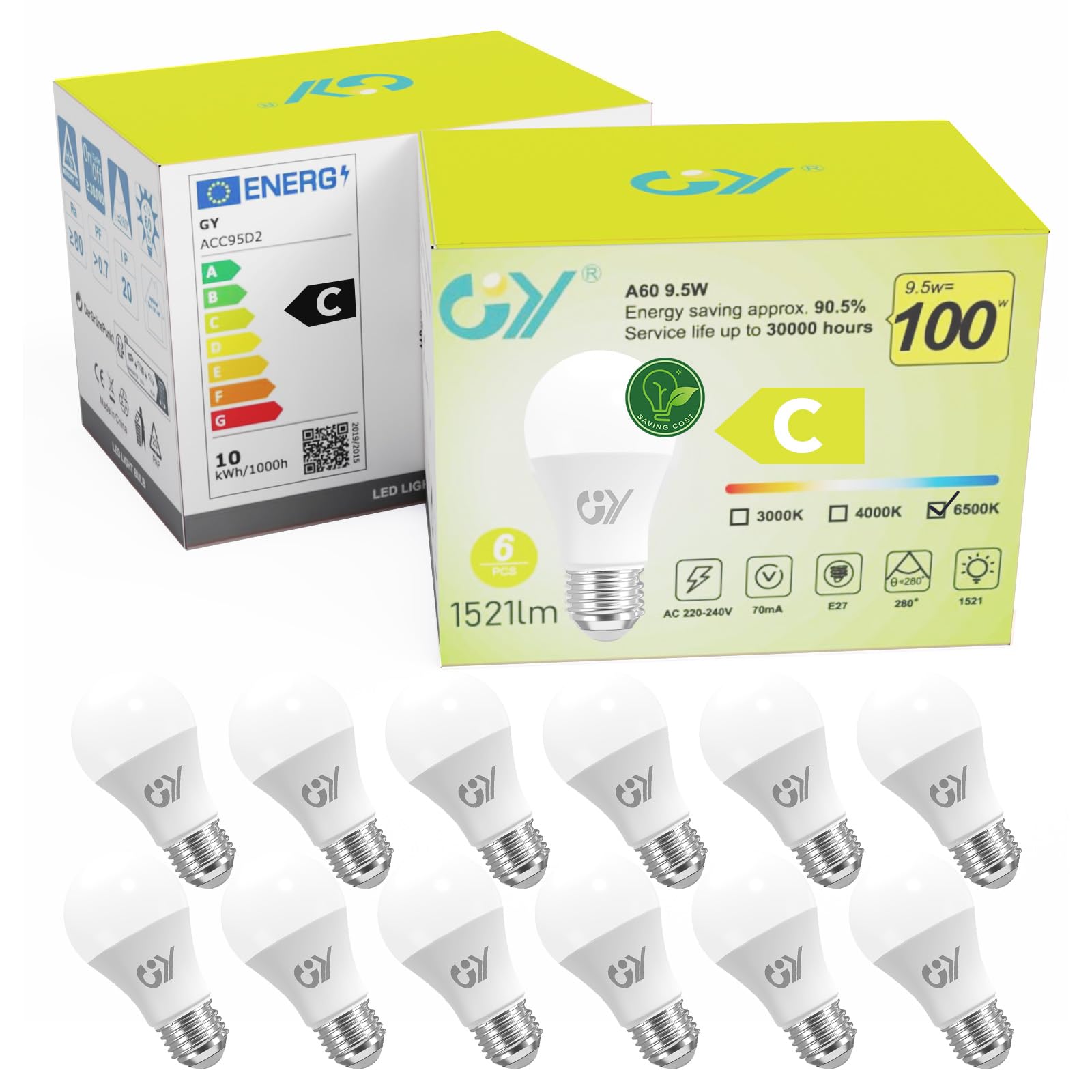 Gy Lampadine LED E27 9.5W 1521 Lumen, 12 pezzi