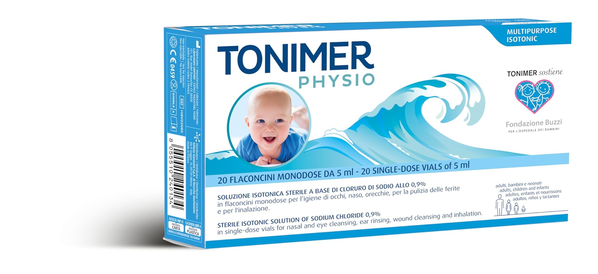 Tonimer Physio - 20 flaconcini monodose - Soluzione isotonica sterile con Cloruro di Sodio 0,9% per igiene nasale, oculare e auricolare - Anche per pulizia ferite e aerosol.