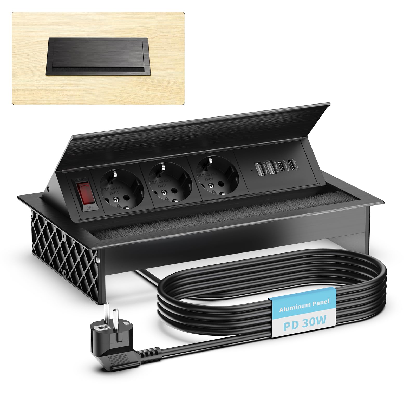 Presa da Incasso 3 Prese con USB-C PD 30W e USB-A, Nera