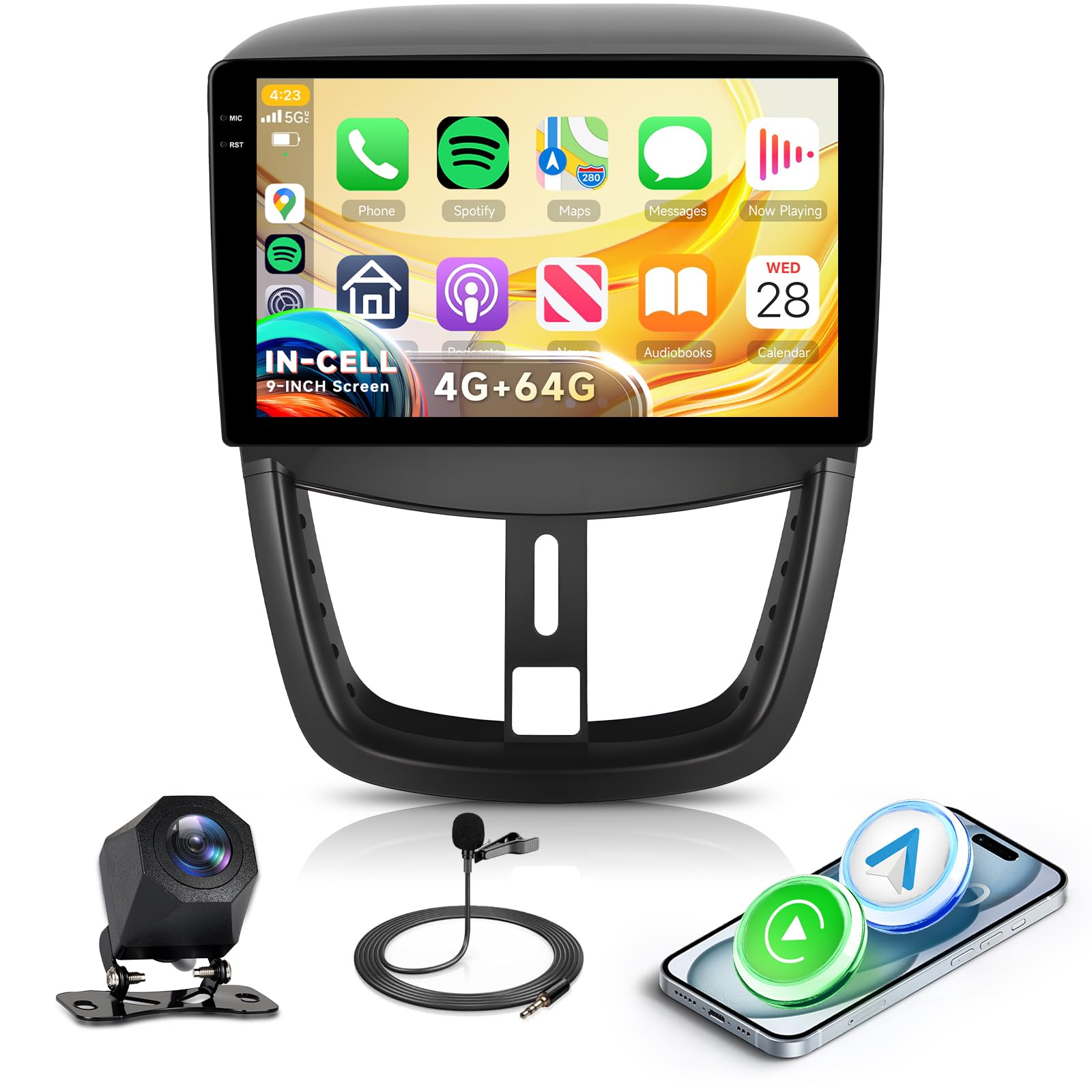 4+64G Android Autoradio per Peugeot 207 2006-2015 9 Pollici Schermo IN-Cell Senza Fili Carplay Autoradio con Android Auto Navi GPS Mirror Link Bluetooth WiFi FM/RDS/EQ SWC Telecamera Posteriore