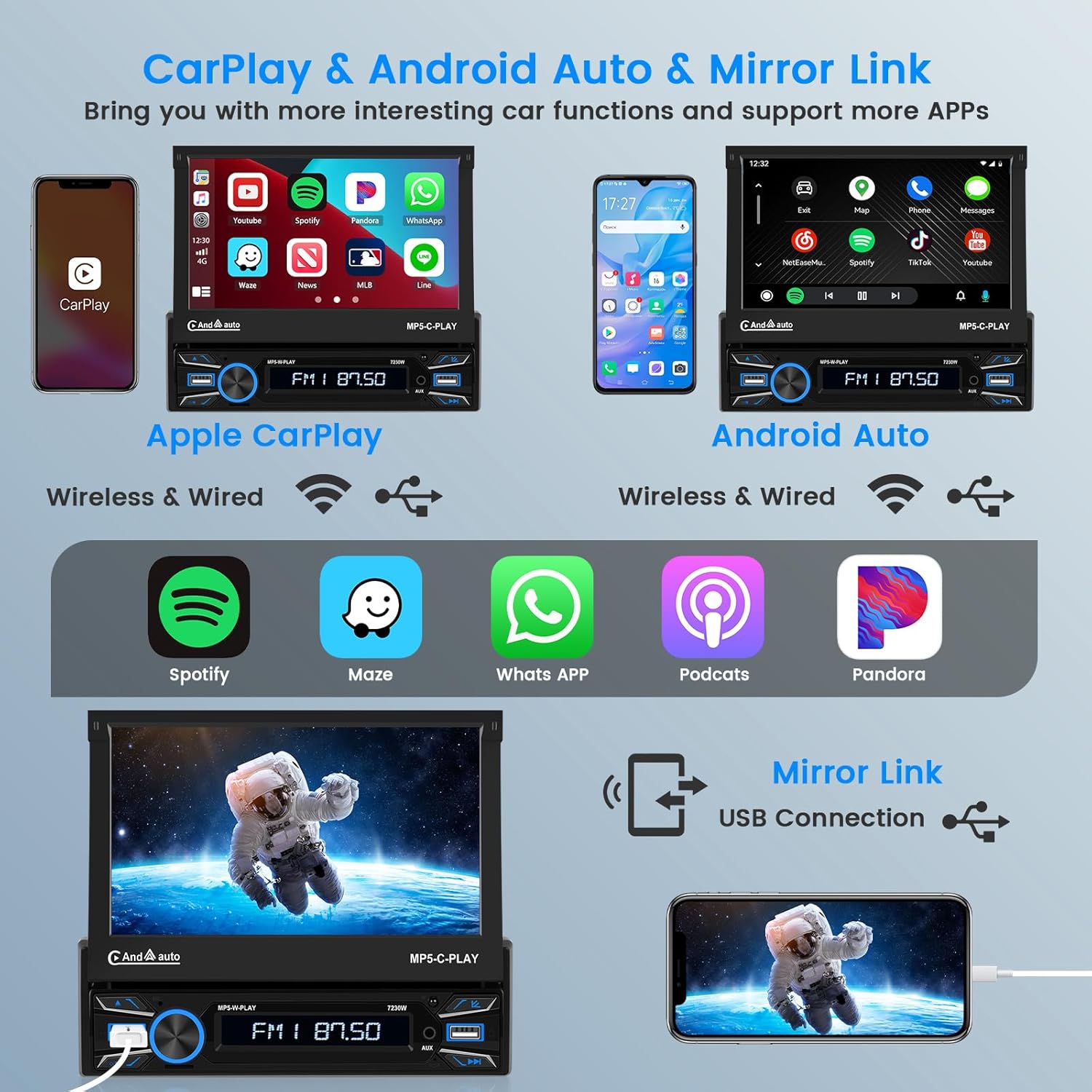 Hikity Autoradio 1 DIN Wireless CarPlay & Android Auto - immagine 2