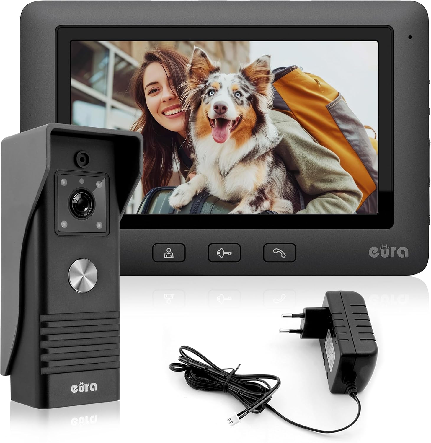 EURA Black VDP-45A3 Alpha, videocitofono a 4 Fili, Colori da 7", Nero, 1 monitor