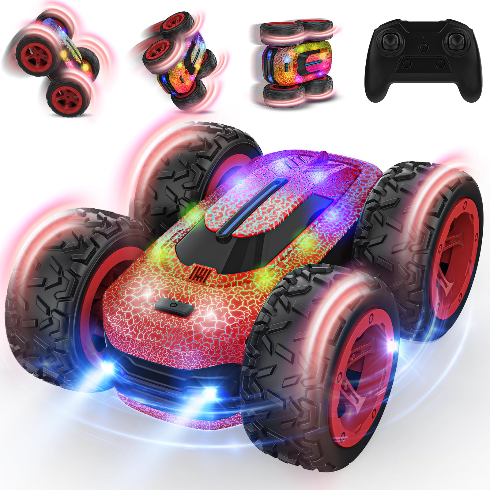 Macchina Telecomandata, 4WD Stunt Car Auto Telecomando 360° Rotazione Acrobatica con LED Luce 2.4GHZ Doppio Lato Macchina Radiocomandata per Bambini Regalo Bambino Compleanno Giocattolo, Rosso