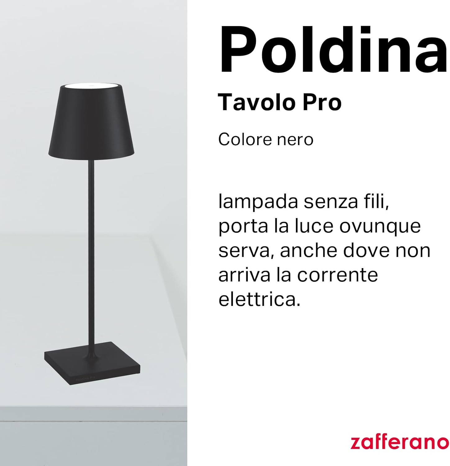 Zafferano Poldina Pro - Lampada da Tavolo Ricaricabile Nera - immagine 2