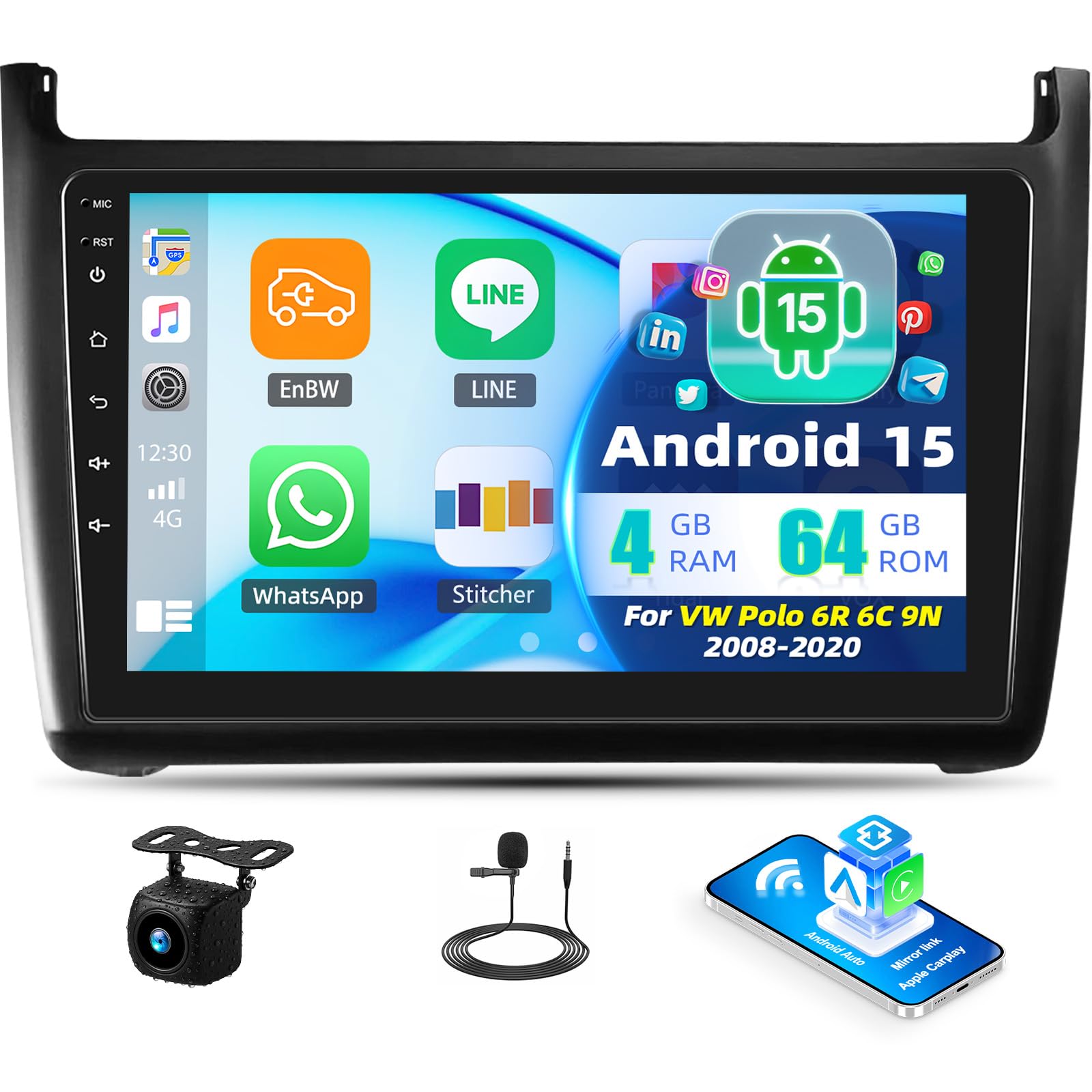 Autoradio Android 15 4+64G 9" IPS per VW Polo 6R 6C 9N