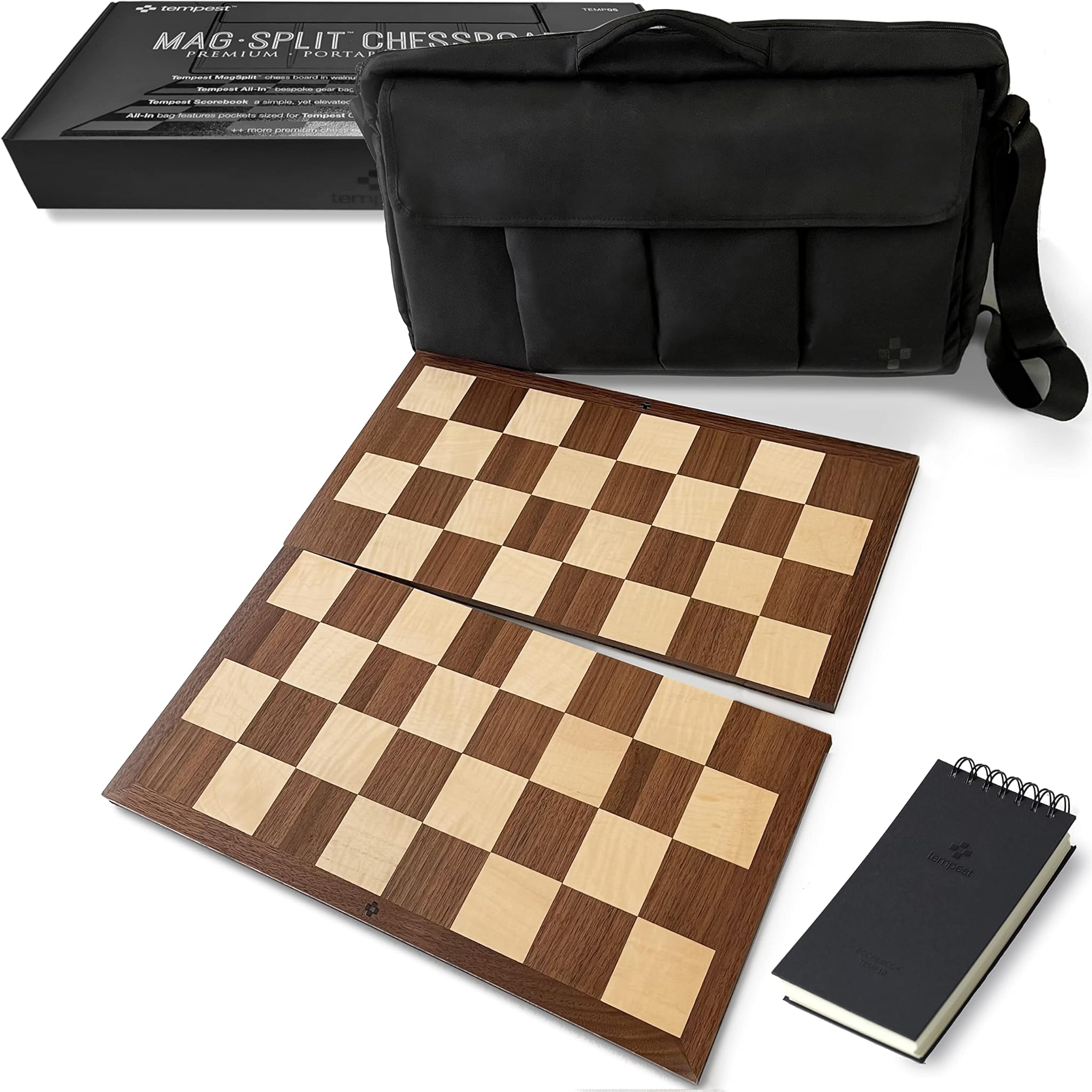 Tempest MagSplit™ - Scacchiera portatile in legno di dimensioni standard e Tempest All-in™ resistente alle intemperie, borsa messenger e Tempest Premium Scorebook Ensemble
