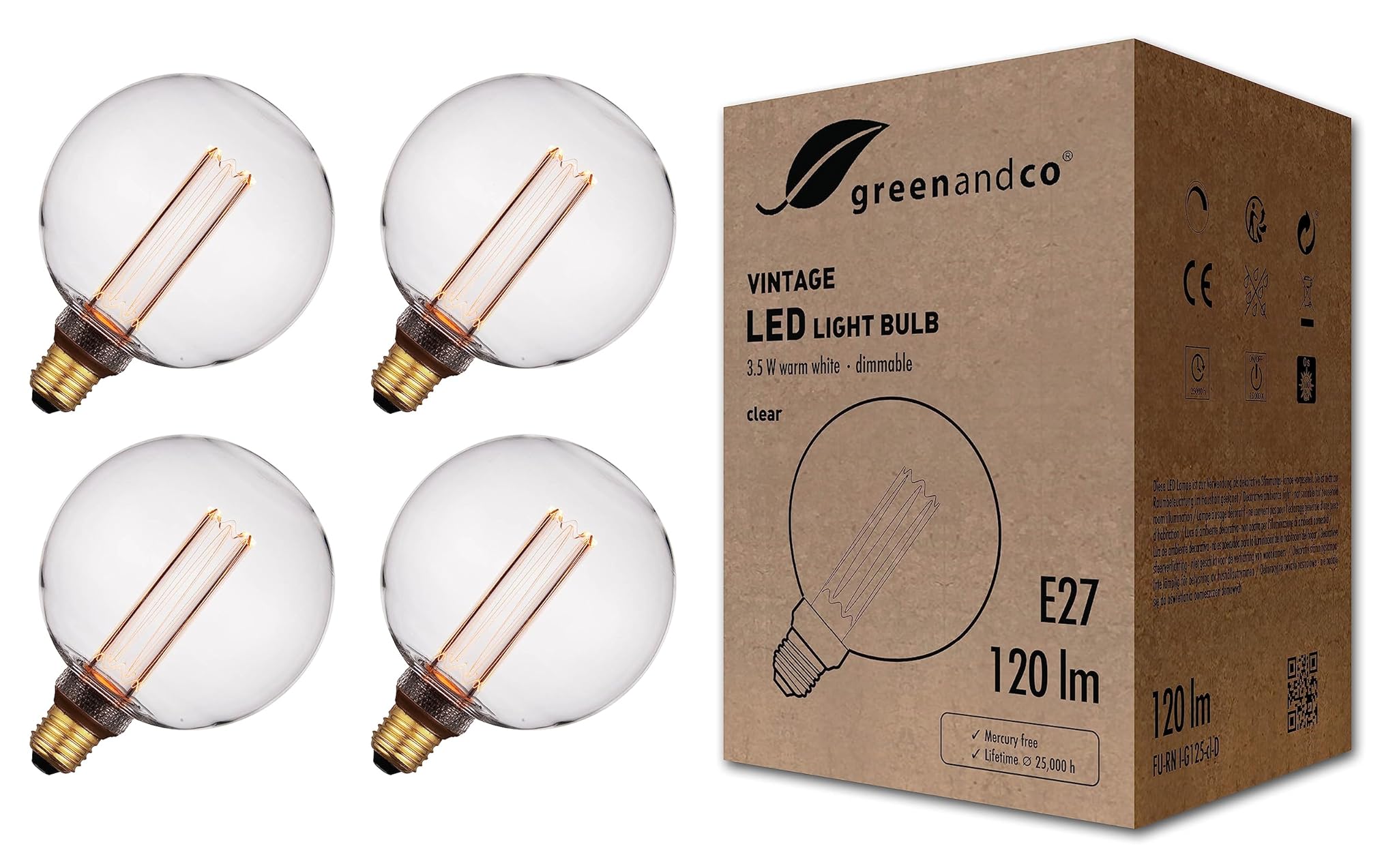 Greenandco 4x Lampadina LED Vintage E27 G125 3,5W