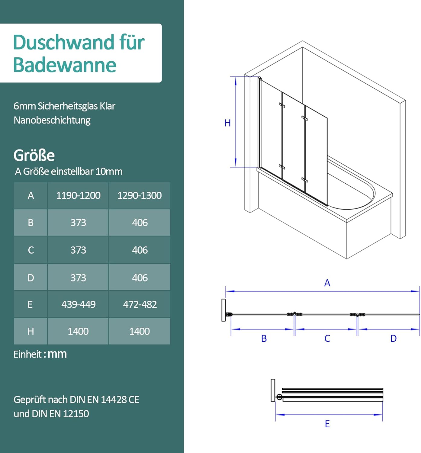 Emke Divisione Doccia per Vasca da Bagno 120x140cm - immagine 6