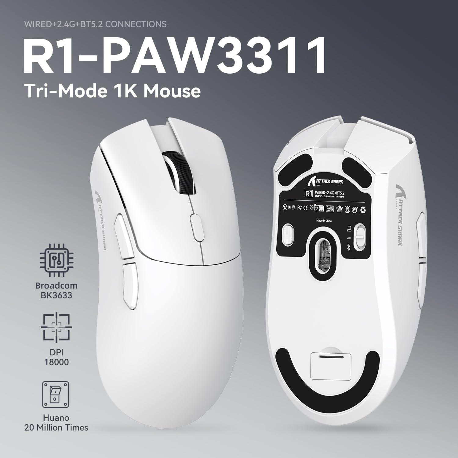 Attack Shark Mouse R1 SUPERLIGHT Gaming Wireless 59g - immagine 2